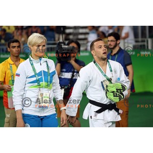 Coach Urska Zolnir and Adrian Gomboc after second round of Judo Men\'s -66 kg category at Rio de Janeiro 2016 Olympic games , Brasil on August 7, 2016