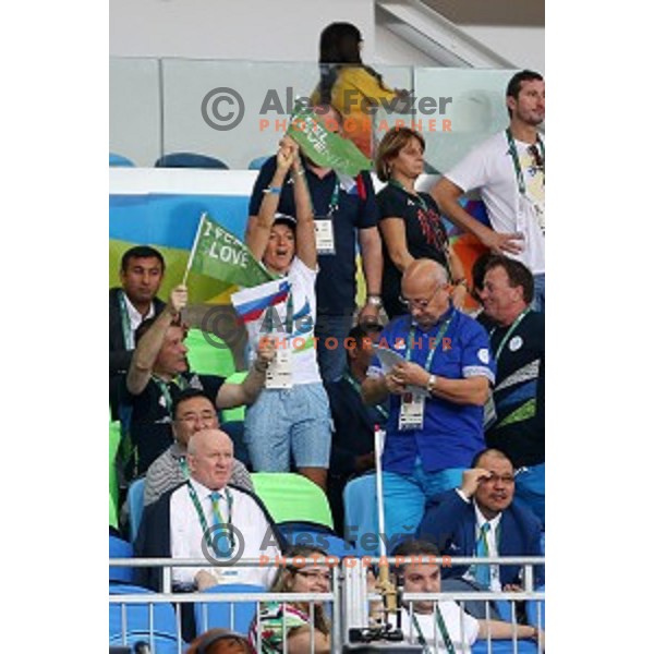 Maja Makovec Brencic and Bogdan Gabrovec cheering at quarter-final of Judo Men\'s -66 kg category at Rio de Janeiro 2016 Olympic games , Brasil on August 7, 2016