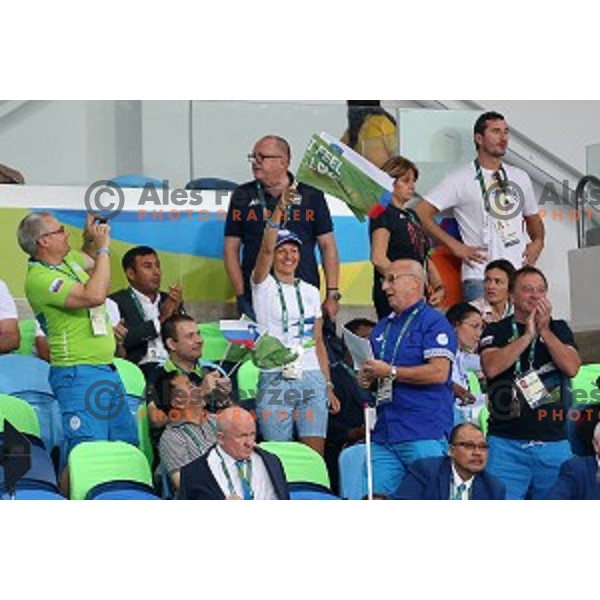 Maja Makovec Brencic and Bogdan Gabrovec cheering at quarter-final of Judo Men\'s -66 kg category at Rio de Janeiro 2016 Olympic games , Brasil on August 7, 2016