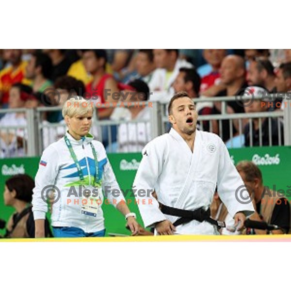 Coach Urska Zolnir and Adrian Gomboc before second round of Judo Men\'s -66 kg category at Rio de Janeiro 2016 Olympic games , Brasil on August 7, 2016