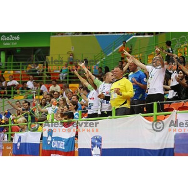 Fans of Slovenia in action during handball match between Slovenia and Egypt in Barra Olympic Park at Rio de Janeiro 2016 Olympic games , Brasil on August 7, 2016