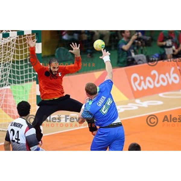 Matej Gaber of Slovenia in action during handball match between Slovenia and Egypt in Barra Olympic Park at Rio de Janeiro 2016 Olympic games , Brasil on August 7, 2016