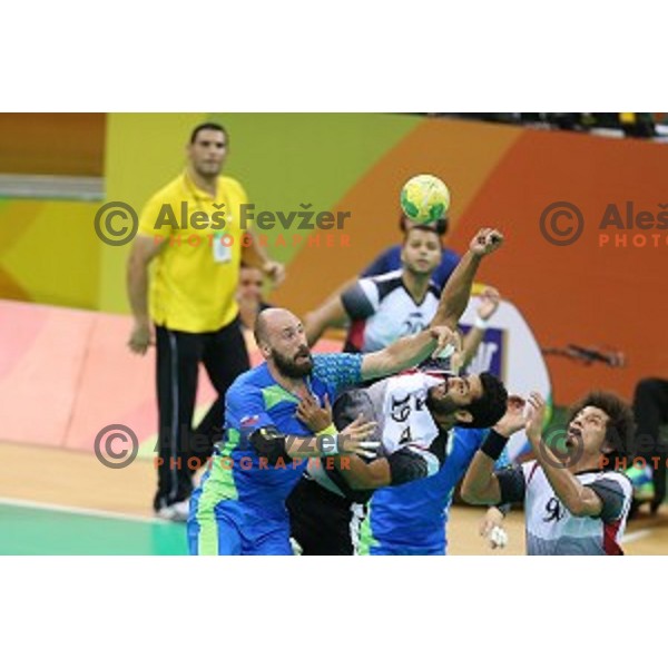 Vid Kavticnik of Slovenia in action during handball match between Slovenia and Egypt in Barra Olympic Park at Rio de Janeiro 2016 Olympic games , Brasil on August 7, 2016