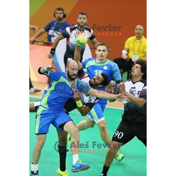 Vid Kavticnik of Slovenia in action during handball match between Slovenia and Egypt in Barra Olympic Park at Rio de Janeiro 2016 Olympic games , Brasil on August 7, 2016