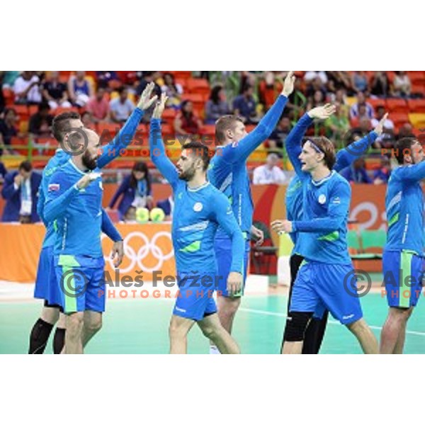 Blaz Janc of Slovenia in action during Olympic handball tournament match between Slovenia and Egypt in Barra Olympic Park at Rio de Janeiro 2016 Olympic games , Brasil on August 7, 2016