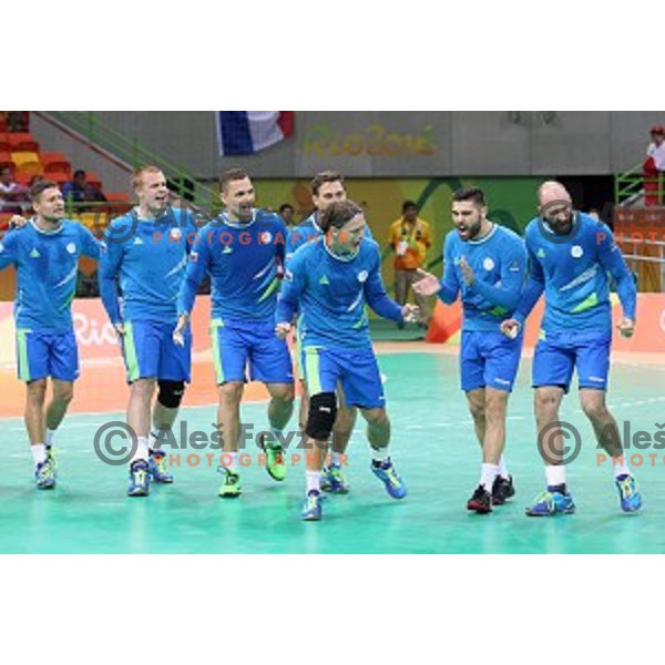 Jure Dolenec, Matej Gaber of Slovenia in action during Olympic handball tournament match between Slovenia and Egypt in Barra Olympic Park at Rio de Janeiro 2016 Olympic games , Brasil on August 7, 2016