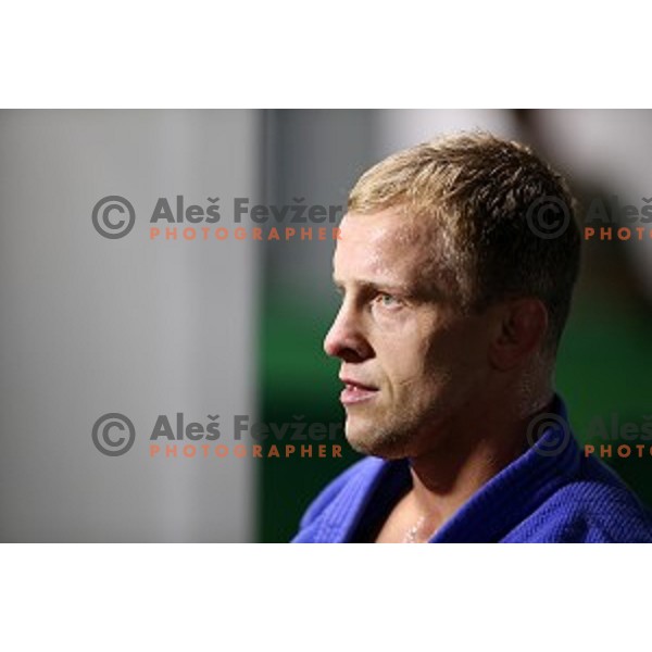 Rok Draksic (SLO) exits arena after defeat to Muki Sagi (ISR) in first round of Judo Men\'s -73 kg category at Rio de Janeiro 2016 Olympic games , Brasil on August 8, 2016