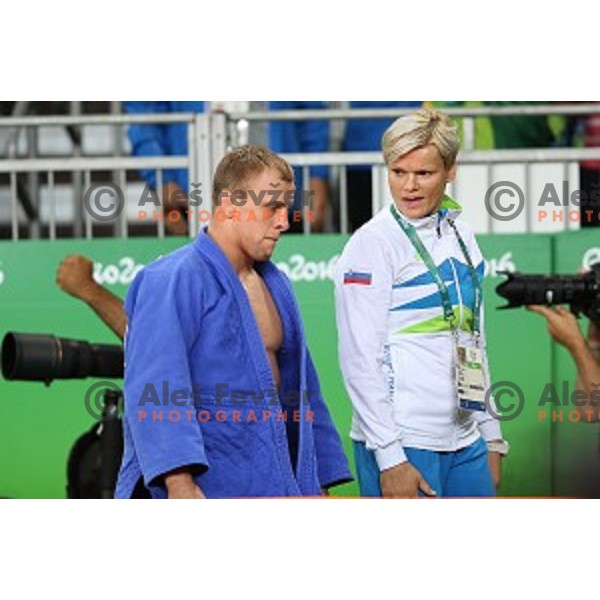 Rok Draksic (SLO) and coach Urska Zolnir exit arena after defeat to Muki Sagi (ISR) in first round of Judo Men\'s -73 kg category at Rio de Janeiro 2016 Olympic games , Brasil on August 8, 2016