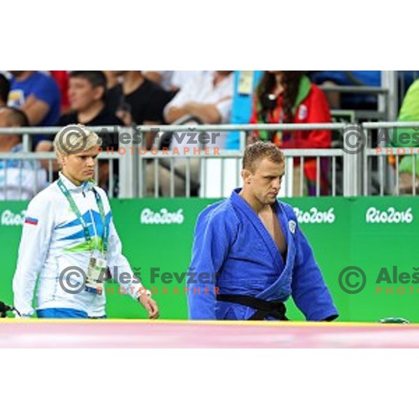 Urska Zolnir and Rok Draksic (SLO) before fight in first round of Judo Men\'s -73 kg category at Rio de Janeiro 2016 Olympic games , Brasil on August 8, 2016
