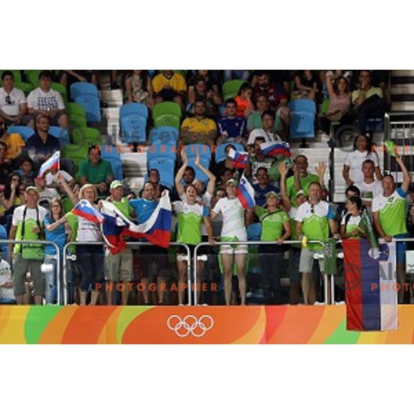 Slovenian fans cheering at Judo Women\'s -63 kg category at Rio de Janeiro 2016 Olympic games , Brasil on August 9, 2016