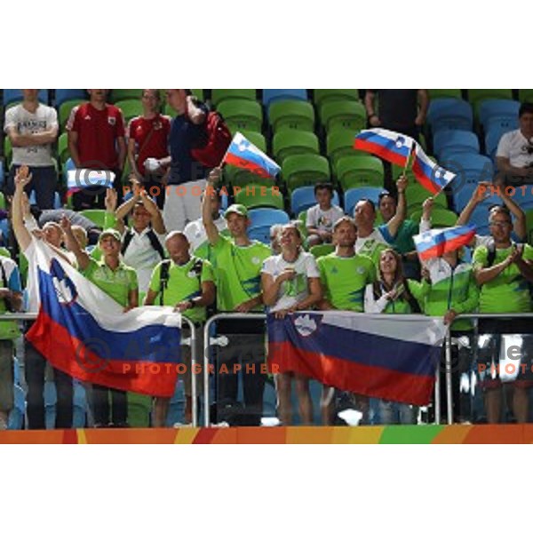 Slovenian fans cheering at Judo Women\'s -63 kg category at Rio de Janeiro 2016 Olympic games , Brasil on August 9, 2016