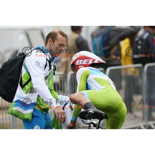 Primoz Roglic of Slovenia at the finish of Men\'s 54 km Time trial in Pontal at Rio de Janeiro 2016 Olympic games , Brasil on August 10, 2016