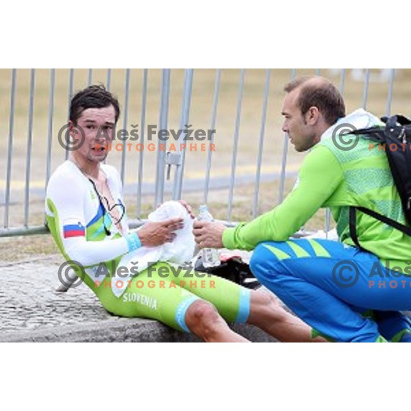 Primoz Roglic of Slovenia at the finish of Men\'s 54 km Time trial in Pontal at Rio de Janeiro 2016 Olympic games , Brasil on August 10, 2016