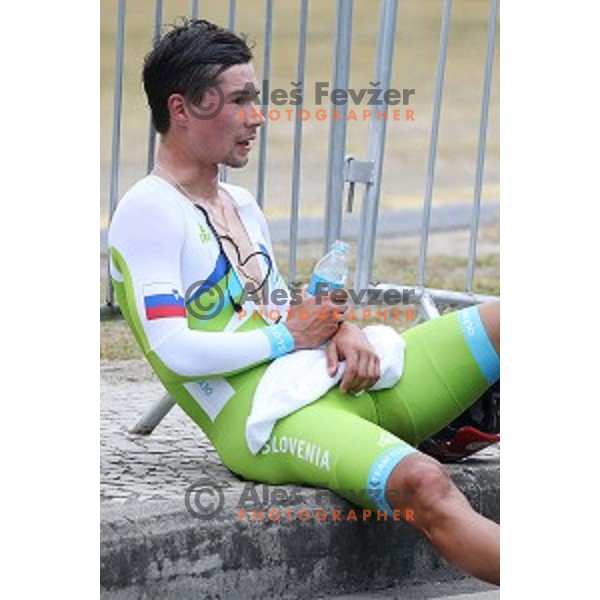 Primoz Roglic of Slovenia at the finish of Men\'s 54 km Time trial in Pontal at Rio de Janeiro 2016 Olympic games , Brasil on August 10, 2016
