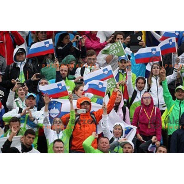 Slovenian fans cheering at Men\'s Kayak slalom at Rio de Janeiro 2016 Olympic games , Brasil on August 10, 2016