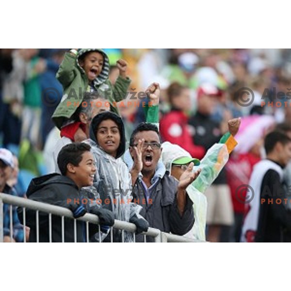 Brazilian fans cheering at Men\'s Kayak slalom at Rio de Janeiro 2016 Olympic games , Brasil on August 10, 2016