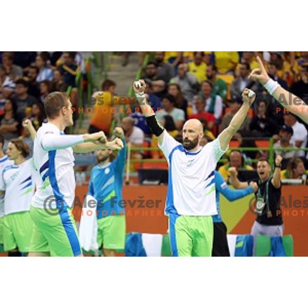 Vid Kavticnik of Slovenia in action during Olympic handball tournament match between Slovenia and Sweden in Barra Olympic Park at Rio de Janeiro 2016 Olympic games , Brazil on August 11 , 2016