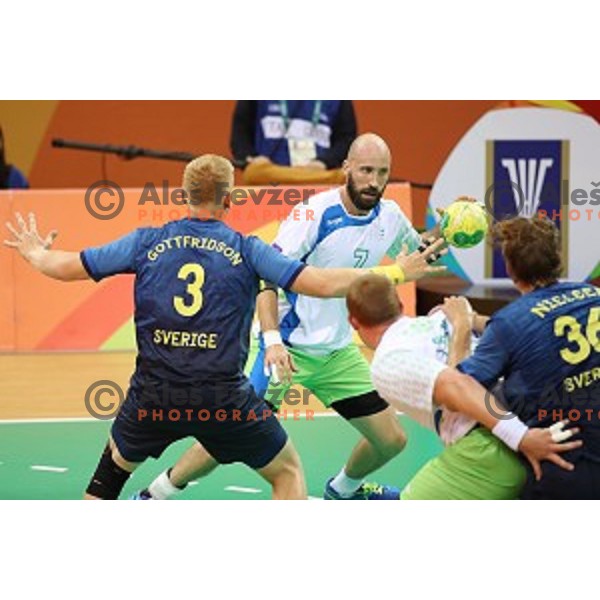 of Slovenia in action during Olympic handball tournament match between Slovenia and Sweden in Barra Olympic Park at Rio de Janeiro 2016 Olympic games , Brasil on August 12 , 2016