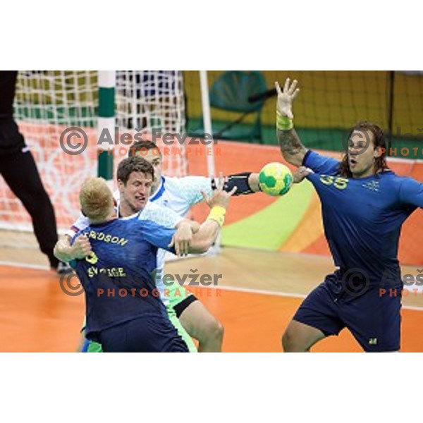 of Slovenia in action during Olympic handball tournament match between Slovenia and Sweden in Barra Olympic Park at Rio de Janeiro 2016 Olympic games , Brasil on August 12 , 2016