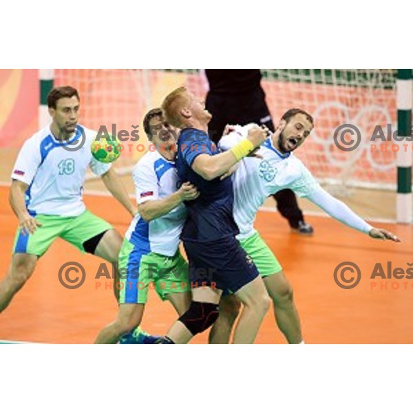 Uros Zorman of Slovenia in action during Olympic handball tournament match between Slovenia and Sweden in Barra Olympic Park at Rio de Janeiro 2016 Olympic games , Brazil on August 11 , 2016