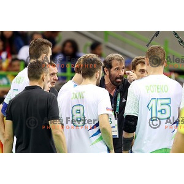 Veelin Vujovic, head coach of Slovenia in action during Olympic handball tournament match between Slovenia and Sweden in Barra Olympic Park at Rio de Janeiro 2016 Olympic games , Brasil on August 12 , 2016