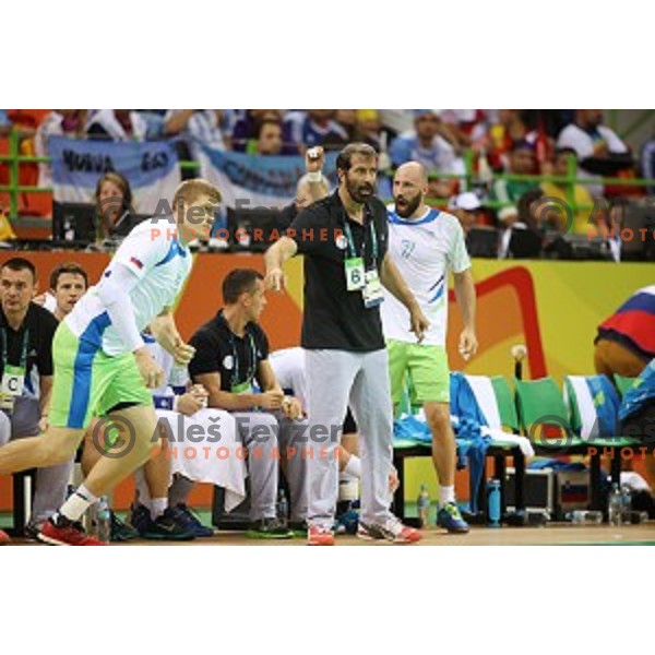 Veelin Vujovic, head coach of Slovenia in action during Olympic handball tournament match between Slovenia and Sweden in Barra Olympic Park at Rio de Janeiro 2016 Olympic games , Brasil on August 12 , 2016