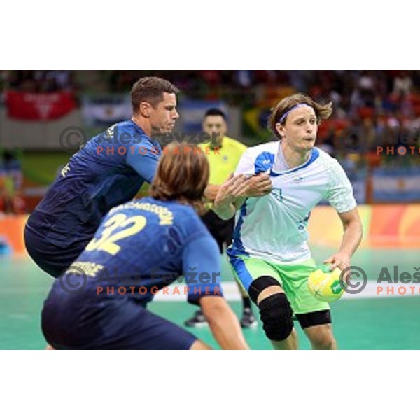 Jure Dolenec of Slovenia in action during Olympic handball tournament match between Slovenia and Sweden in Barra Olympic Park at Rio de Janeiro 2016 Olympic games , Brazil on August 11 , 2016