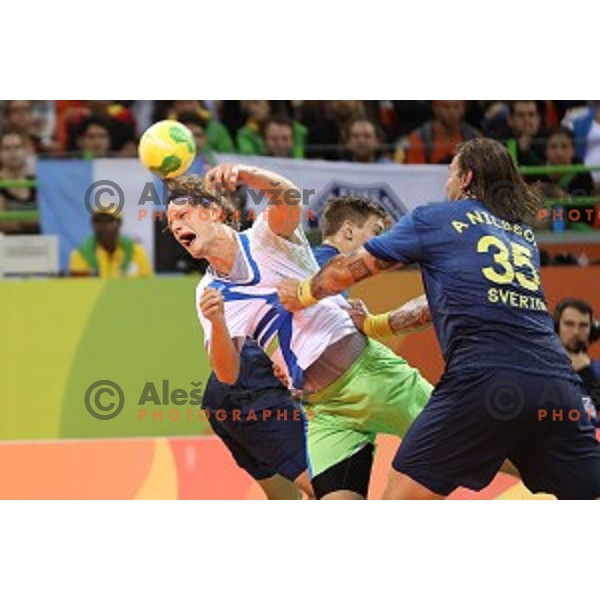 Jure Dolenec of Slovenia in action during Olympic handball tournament match between Slovenia and Sweden in Barra Olympic Park at Rio de Janeiro 2016 Olympic games , Brazil on August 11 , 2016