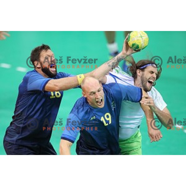 Dean Bombac of Slovenia in action during Olympic handball tournament match between Slovenia and Sweden in Barra Olympic Park at Rio de Janeiro 2016 Olympic games , Brasil on August 12 , 2016