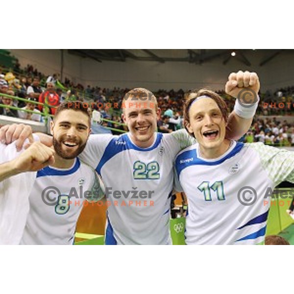 Blaz Janc, Matej Gaber, Jure Dolenec of Slovenia in action during Olympic handball tournament match between Slovenia and Sweden in Barra Olympic Park at Rio de Janeiro 2016 Olympic games , Brazil on August 11 , 2016