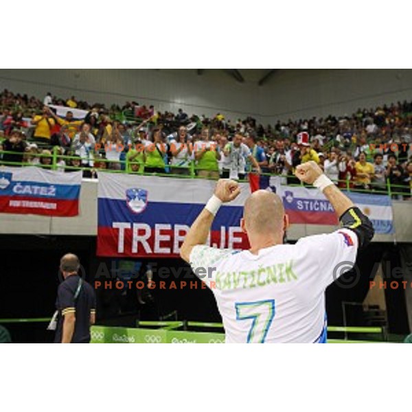 Vid Kavticnik of Slovenia in action during Olympic handball tournament match between Slovenia and Sweden in Barra Olympic Park at Rio de Janeiro 2016 Olympic games , Brazil on August 11 , 2016