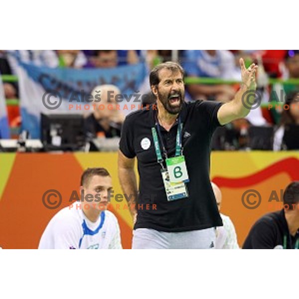 Veelin Vujovic, head coach of Slovenia in action during Olympic handball tournament match between Slovenia and Sweden in Barra Olympic Park at Rio de Janeiro 2016 Olympic games , Brasil on August 12 , 2016