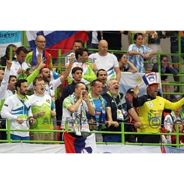 Fans of Slovenia in action during Olympic handball tournament match between Slovenia and Sweden in Barra Olympic Park at Rio de Janeiro 2016 Olympic games , Brazil on August 11 , 2016