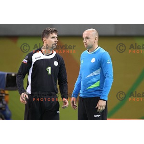 Matevz Skok and Gorazd Skof of Slovenia in action during Olympic handball tournament match between Slovenia and Sweden in Barra Olympic Park at Rio de Janeiro 2016 Olympic games , Brasil on August 12 , 2016