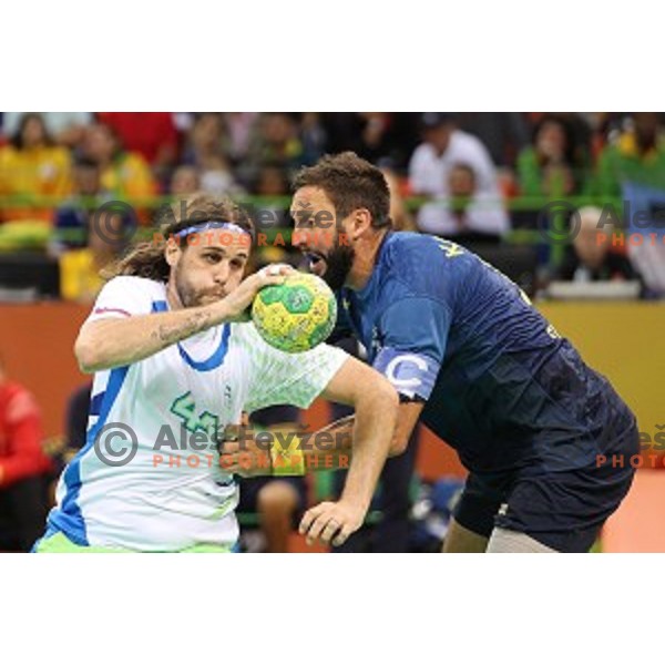 Dean Bombac of Slovenia in action during Olympic handball tournament match between Slovenia and Sweden in Barra Olympic Park at Rio de Janeiro 2016 Olympic games , Brasil on August 12 , 2016