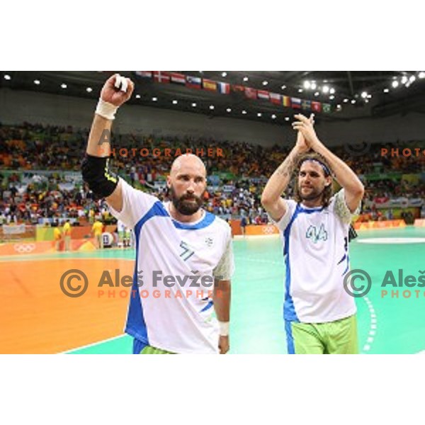 Vid Kavticnik and Dean Bombac of Slovenia in action during Olympic handball tournament match between Slovenia and Sweden in Barra Olympic Park at Rio de Janeiro 2016 Olympic games , Brasil on August 12 , 2016