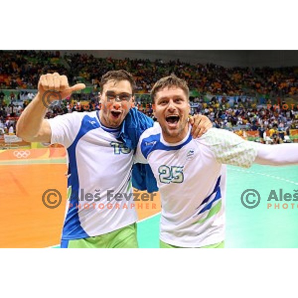 Darko Cingesar and Marko Bezjak of Slovenia in action during Olympic handball tournament match between Slovenia and Sweden in Barra Olympic Park at Rio de Janeiro 2016 Olympic games , Brasil on August 12 , 2016