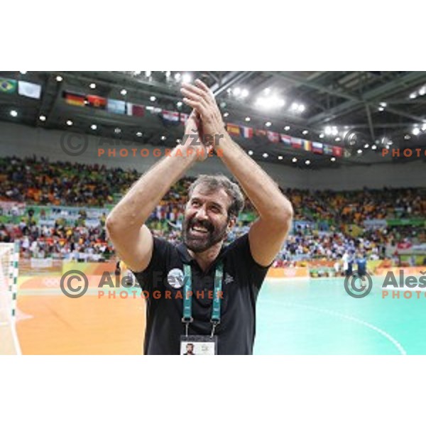 Veelin Vujovic, head coach of Slovenia in action during Olympic handball tournament match between Slovenia and Sweden in Barra Olympic Park at Rio de Janeiro 2016 Olympic games , Brasil on August 12 , 2016