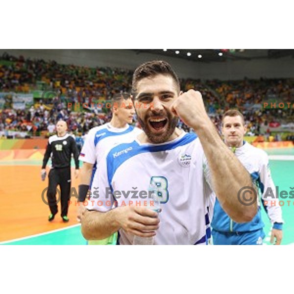 Blaz Janc of Slovenia in action during Olympic handball tournament match between Slovenia and Sweden in Barra Olympic Park at Rio de Janeiro 2016 Olympic games , Brazil on August 11 , 2016