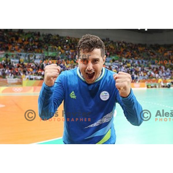 Matevz Skok of Slovenia in action during Olympic handball tournament match between Slovenia and Sweden in Barra Olympic Park at Rio de Janeiro 2016 Olympic games , Brazil on August 11 , 2016