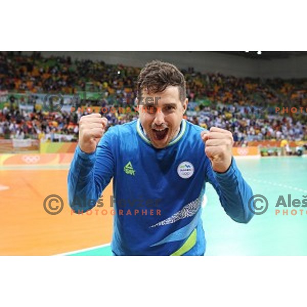 Matevz Skok of Slovenia in action during Olympic handball tournament match between Slovenia and Sweden in Barra Olympic Park at Rio de Janeiro 2016 Olympic games , Brazil on August 11 , 2016