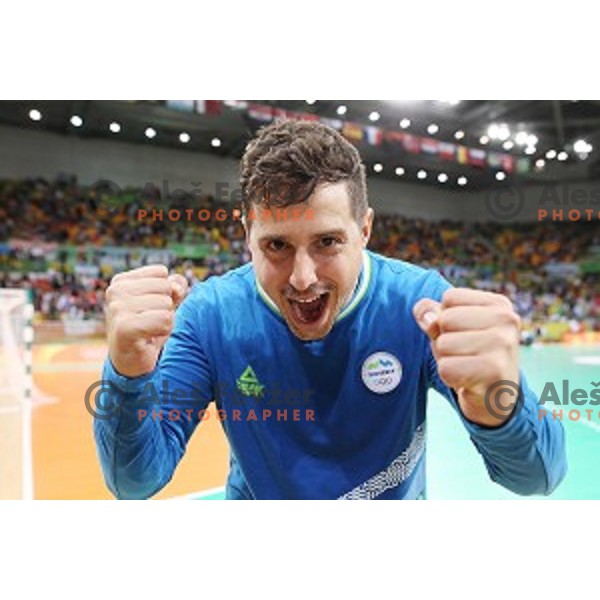 Matevz Skok of Slovenia in action during Olympic handball tournament match between Slovenia and Sweden in Barra Olympic Park at Rio de Janeiro 2016 Olympic games , Brazil on August 11 , 2016