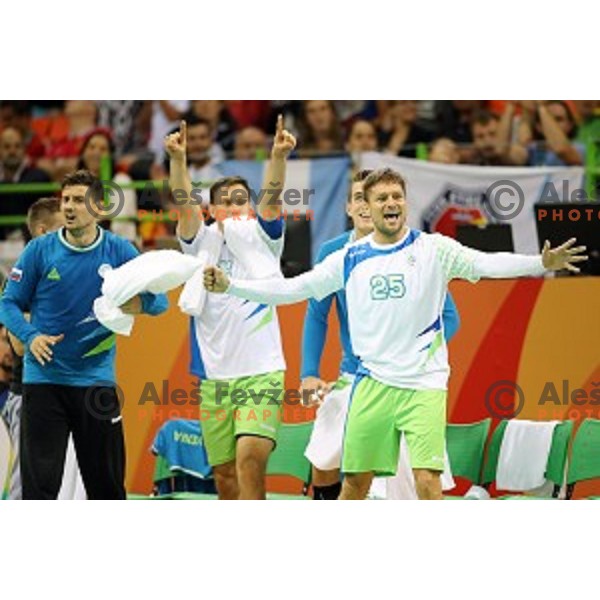 Marko Bezjak of Slovenia in action during Olympic handball tournament match between Slovenia and Sweden in Barra Olympic Park at Rio de Janeiro 2016 Olympic games , Brazil on August 11 , 2016