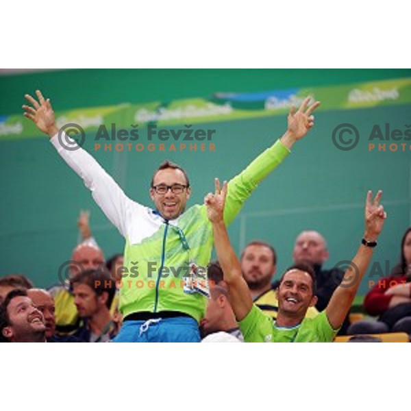 Ales Murn, Gorazd Stangelj of Slovenia in action during Olympic handball tournament match between Slovenia and Sweden in Barra Olympic Park at Rio de Janeiro 2016 Olympic games , Brasil on August 12 , 2016