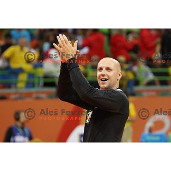 Gorazd Skof of Slovenia in action during Olympic handball tournament match between Slovenia and Sweden in Barra Olympic Park at Rio de Janeiro 2016 Olympic games , Brazil on August 11 , 2016