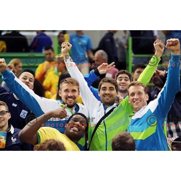 Urban Lesjak, David Miklavcic of Slovenia in action during Olympic handball tournament match between Slovenia and Sweden in Barra Olympic Park at Rio de Janeiro 2016 Olympic games , Brasil on August 12 , 2016