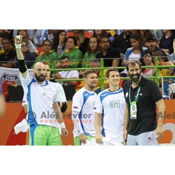 Veelin Vujovic, head coach of Slovenia in action during Olympic handball tournament match between Slovenia and Sweden in Barra Olympic Park at Rio de Janeiro 2016 Olympic games , Brasil on August 12 , 2016