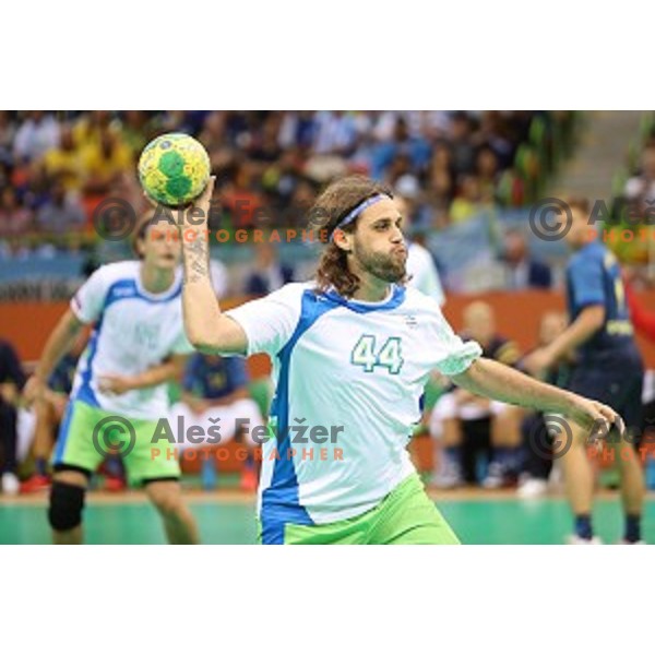 Dean Bombac of Slovenia in action during Olympic handball tournament match between Slovenia and Sweden in Barra Olympic Park at Rio de Janeiro 2016 Olympic games , Brazil on August 11 , 2016