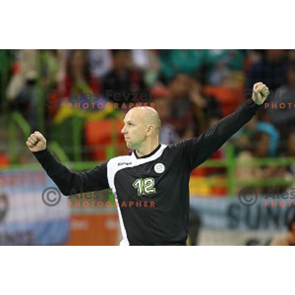 Gorazd Skof of Slovenia in action during Olympic handball tournament match between Slovenia and Sweden in Barra Olympic Park at Rio de Janeiro 2016 Olympic games , Brazil on August 11 , 2016