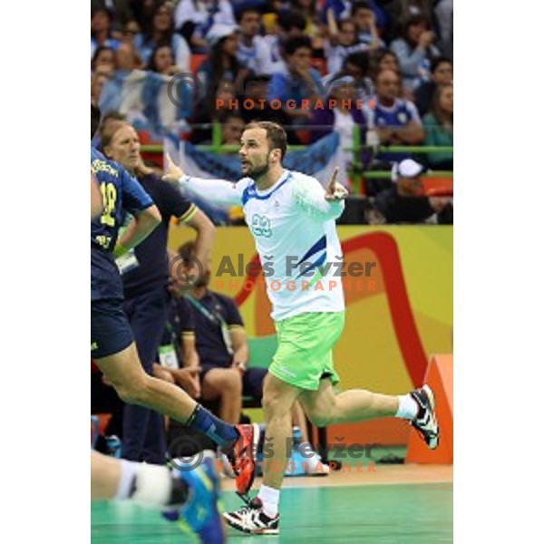 of Slovenia in action during Olympic handball tournament match between Slovenia and Sweden in Barra Olympic Park at Rio de Janeiro 2016 Olympic games , Brasil on August 12 , 2016